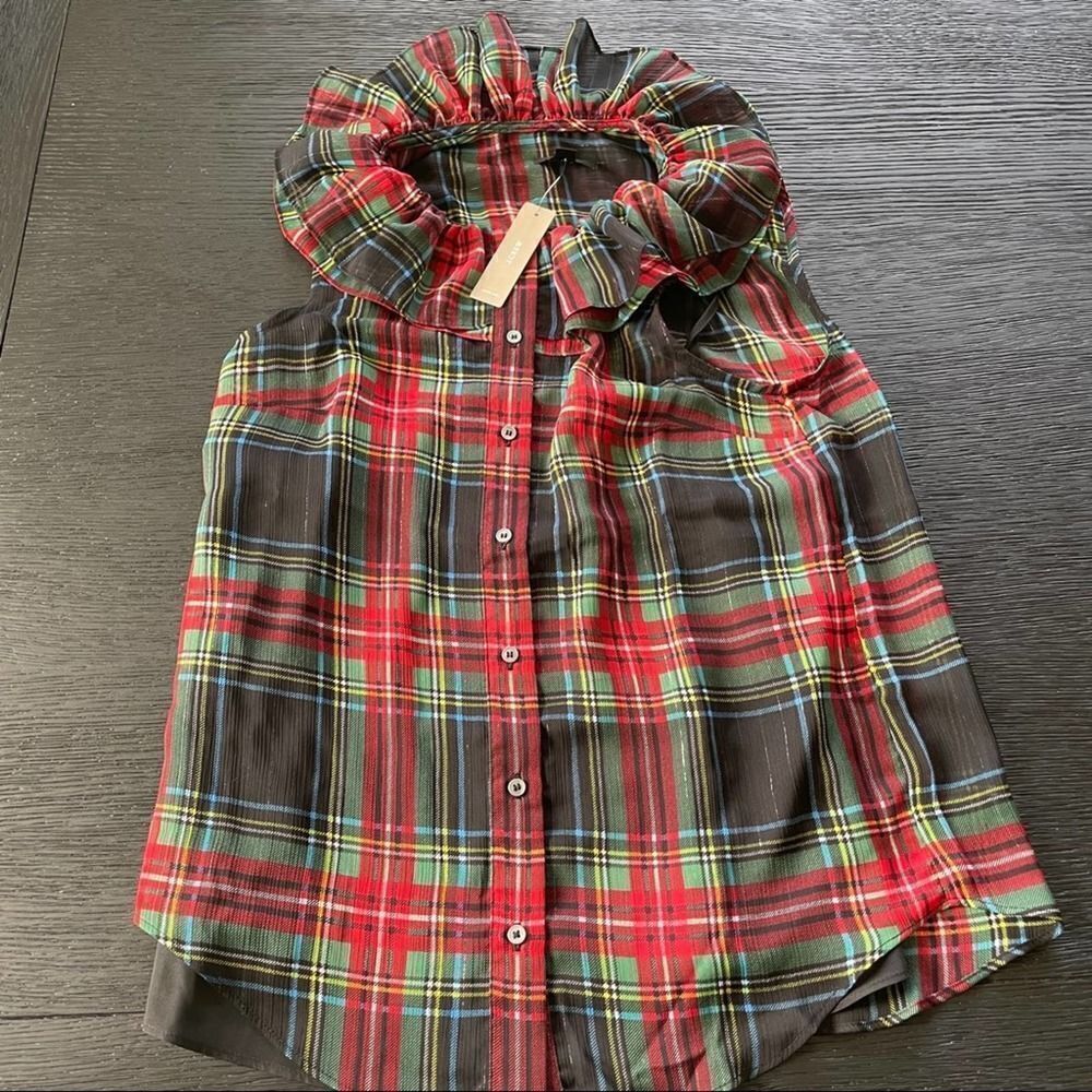 J.CREW Sleeveless Ruffle Collar Top Black Stewart Tartan Plaid Blouse XSMALL - Picture 6 of 9